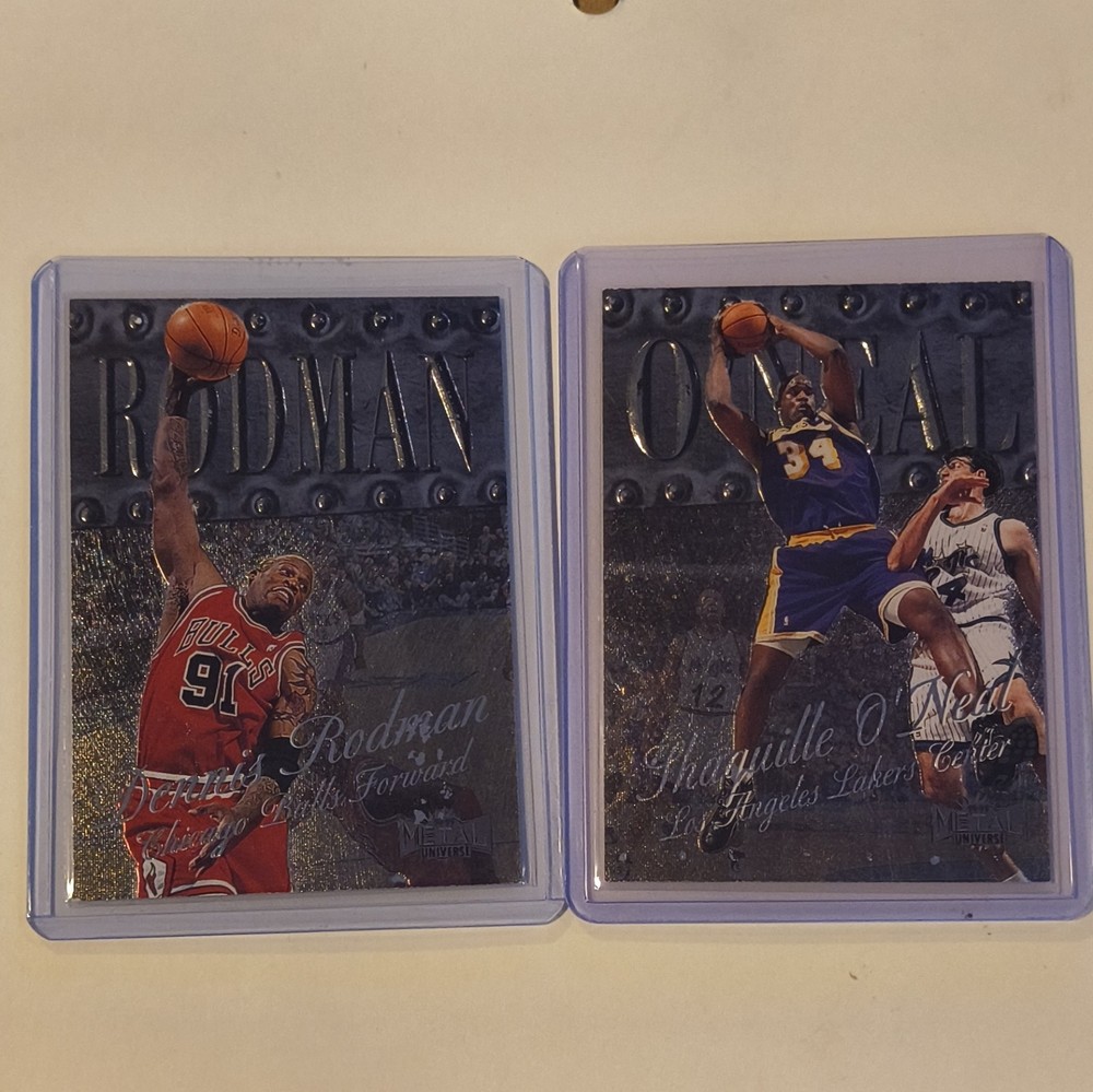 SkyBox Metal Universe NBA 2-Card Lot Rodman #16 Bulls + Shaq #25 Lakers
