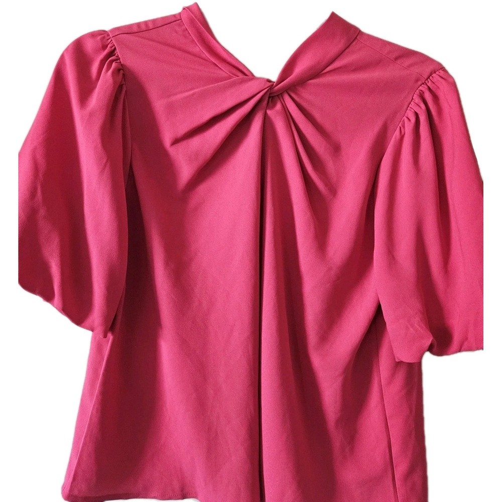 Loft Women's Blouse Pink Short Puff Sleeve High V Neck Twist Size SP