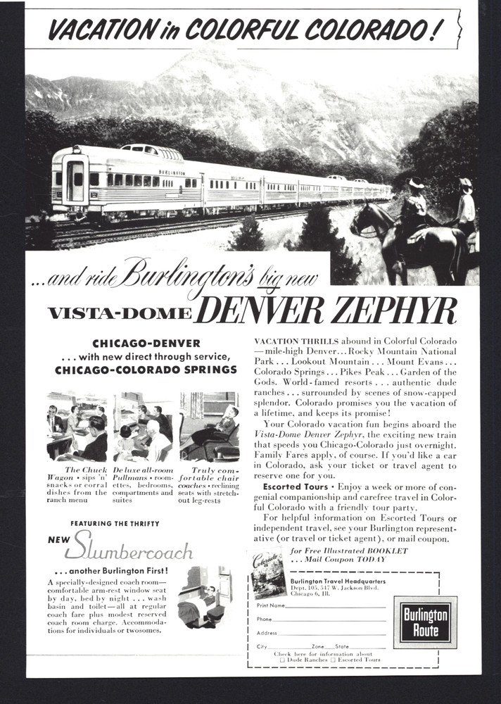 1957 Denver Zephyr Vista Dome Slumber Coach Colorado Vintage Print Ad