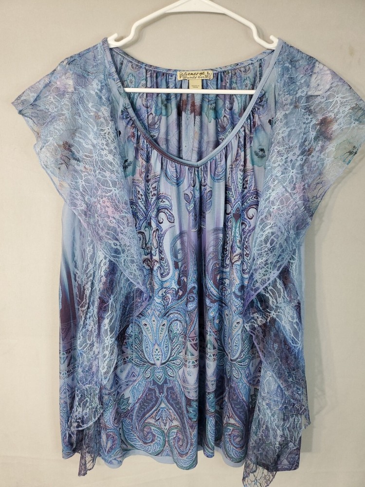 ENERGE World Wear Blouse Women's SIZE LARGE Flutter Lacey Sleeve Floral BOHO