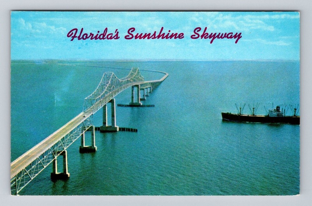 FL-Florida, Aerial Sunshine Skyway, Antique, Vintage Souvenir Postcard
