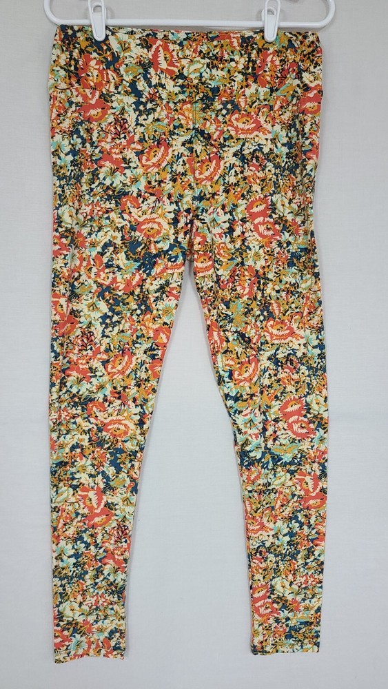 LuLaRoe TC Tall-Curvy Leggings Orange/Teal Ditsy Floral Print Pattern (A5)
