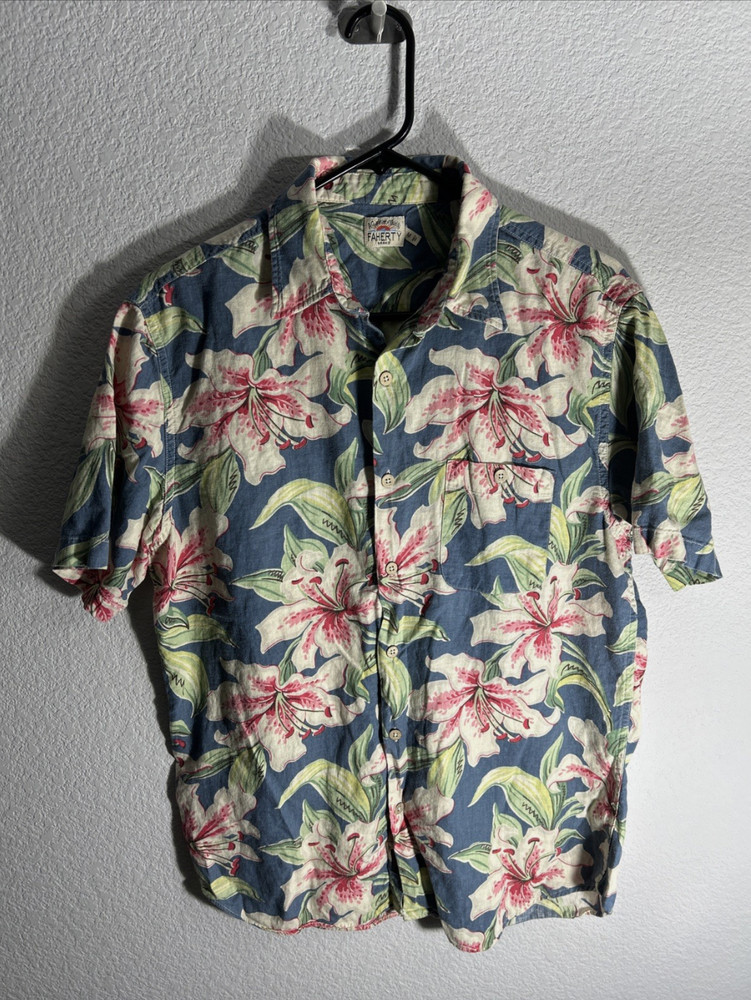 Faherty Hawaiian Shirt Button Up Kona Camp Floral S/S Mens M Blue Linen Blend