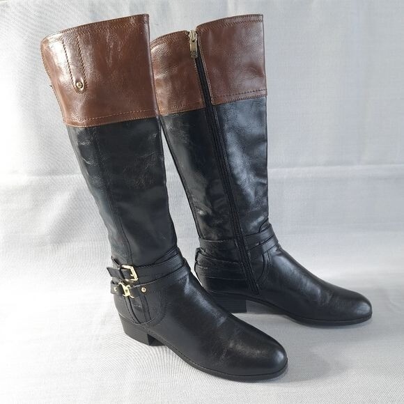 Liz Claiborne Women's Riding Boots Brown/Black Memory Foam Faux Leather 9M