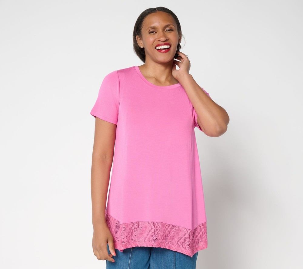 SUNNYLiFE Women's Top Sz M Short Sleeve Tee Lace Trim Pink A702426
