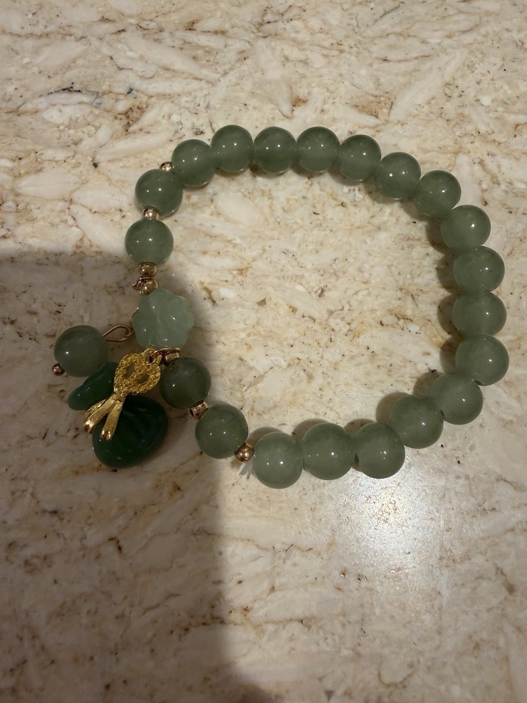 Jade Green Beaded Charm Stretch Bracelet. New