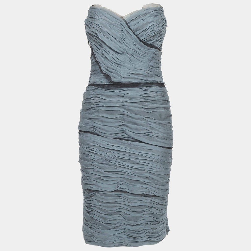Dolce Gabbana Ice Blue Silk Ruched Strapless Dress M