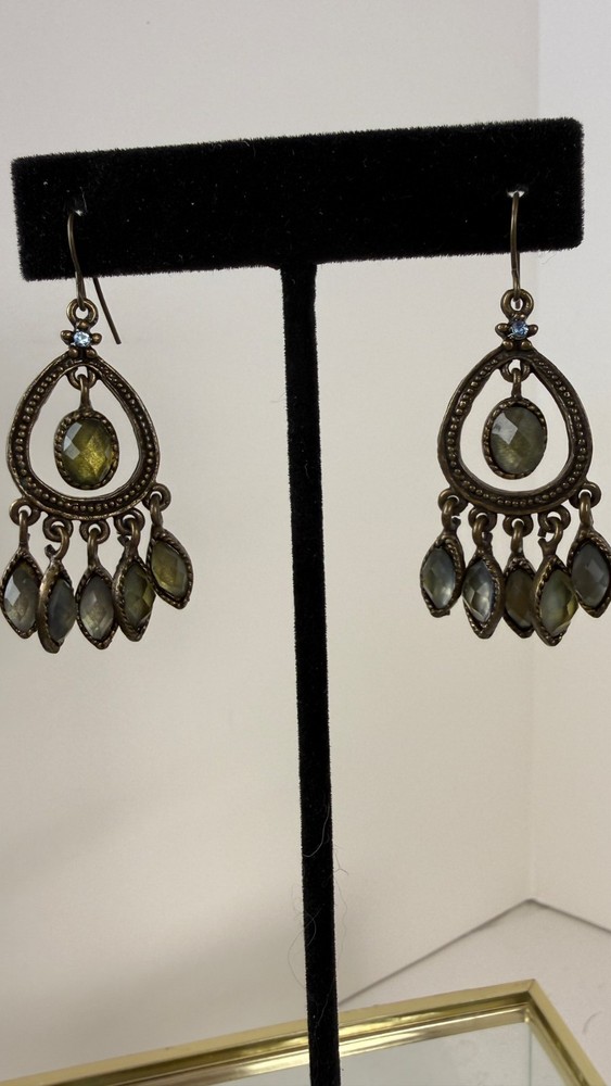 Vintage Brass Tone Iridescent Green Chandelier Earrings Boho Dangle