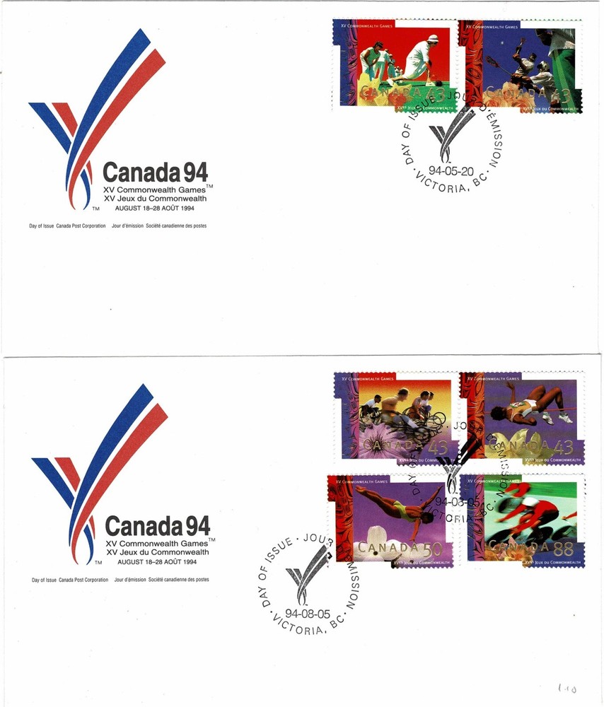 CANADA 1994 15TH COMMONWEALTH GAMES SET 6 ON 2 x OFFICIAL FIRST DAY COVERS FDC