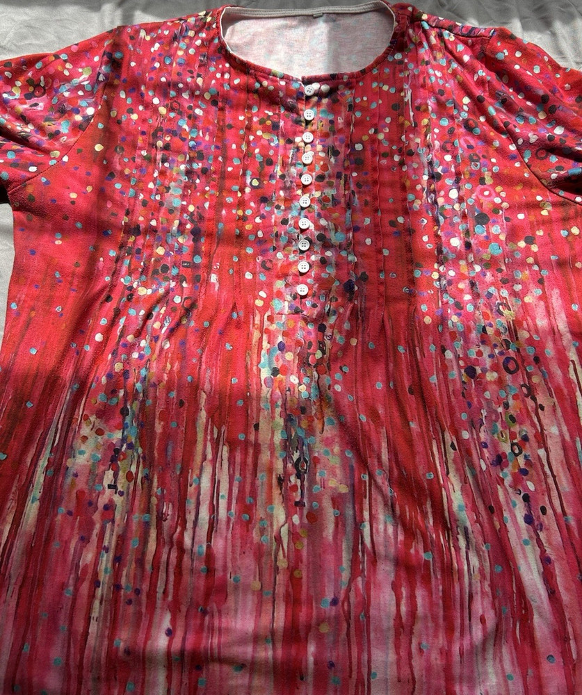 Red Multicolor Abstract Button Front Blouse Round Neck Short Sleeve Plus 2XL