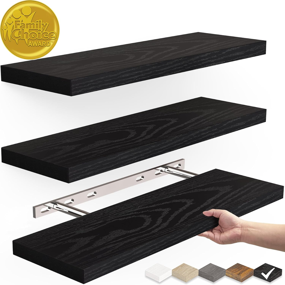 Rustic Black Floating Wood Wall Shelves Set of 3 15.7In