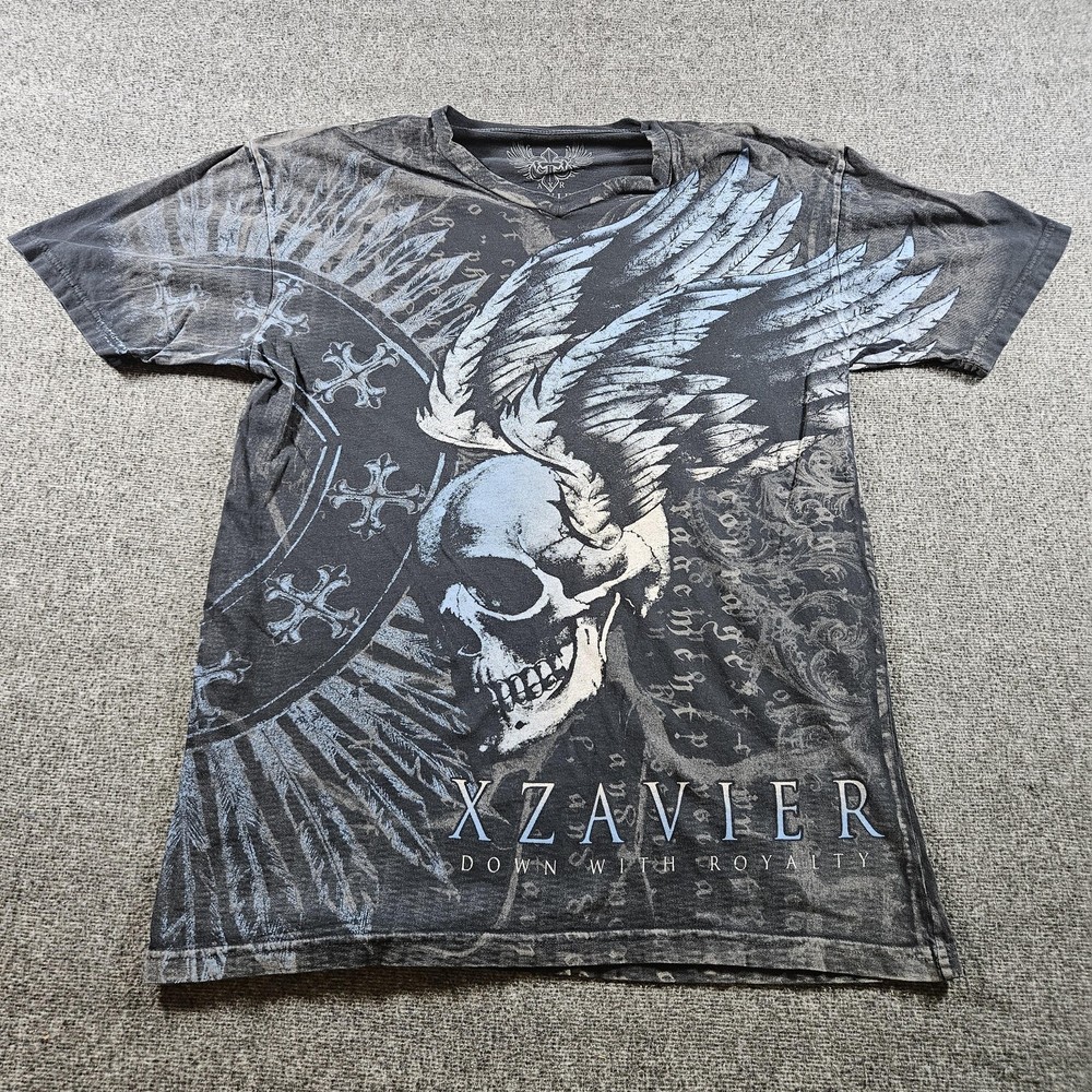 Xzavier Shirt Mens Large Black All Over Graphic Skull Wings Cross Y2K AOP