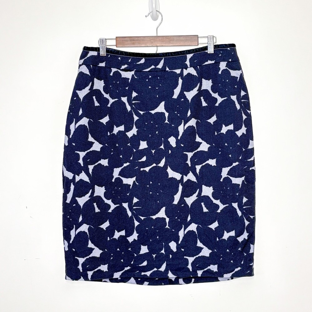 Boden Floral Pencil Skirt Womens 14 Tall Navy Blue Preppy Office Summer Modest