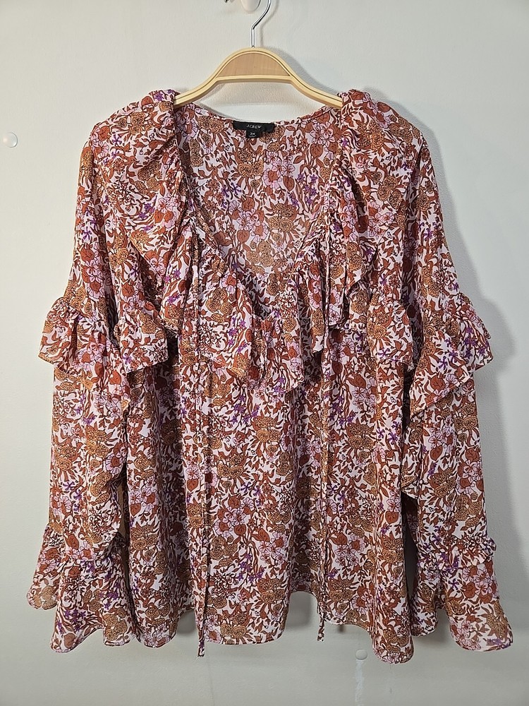 J.Crew Ruffle Crinkle Chiffon Top Size Plus 3X Lined Long Sleeve