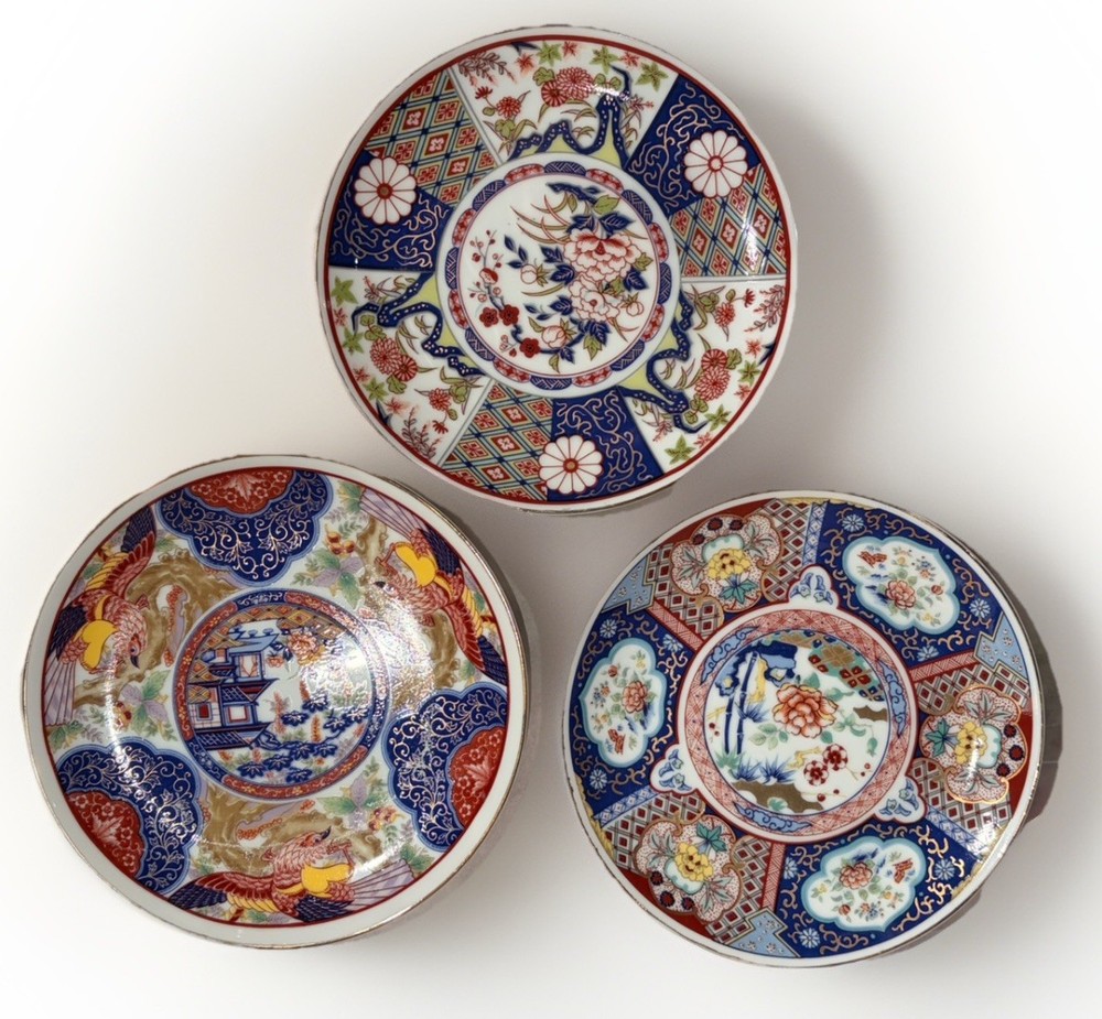Arita Imari Ware Decorative Porcelain Plate Set Of 3 Floral Bird Gold