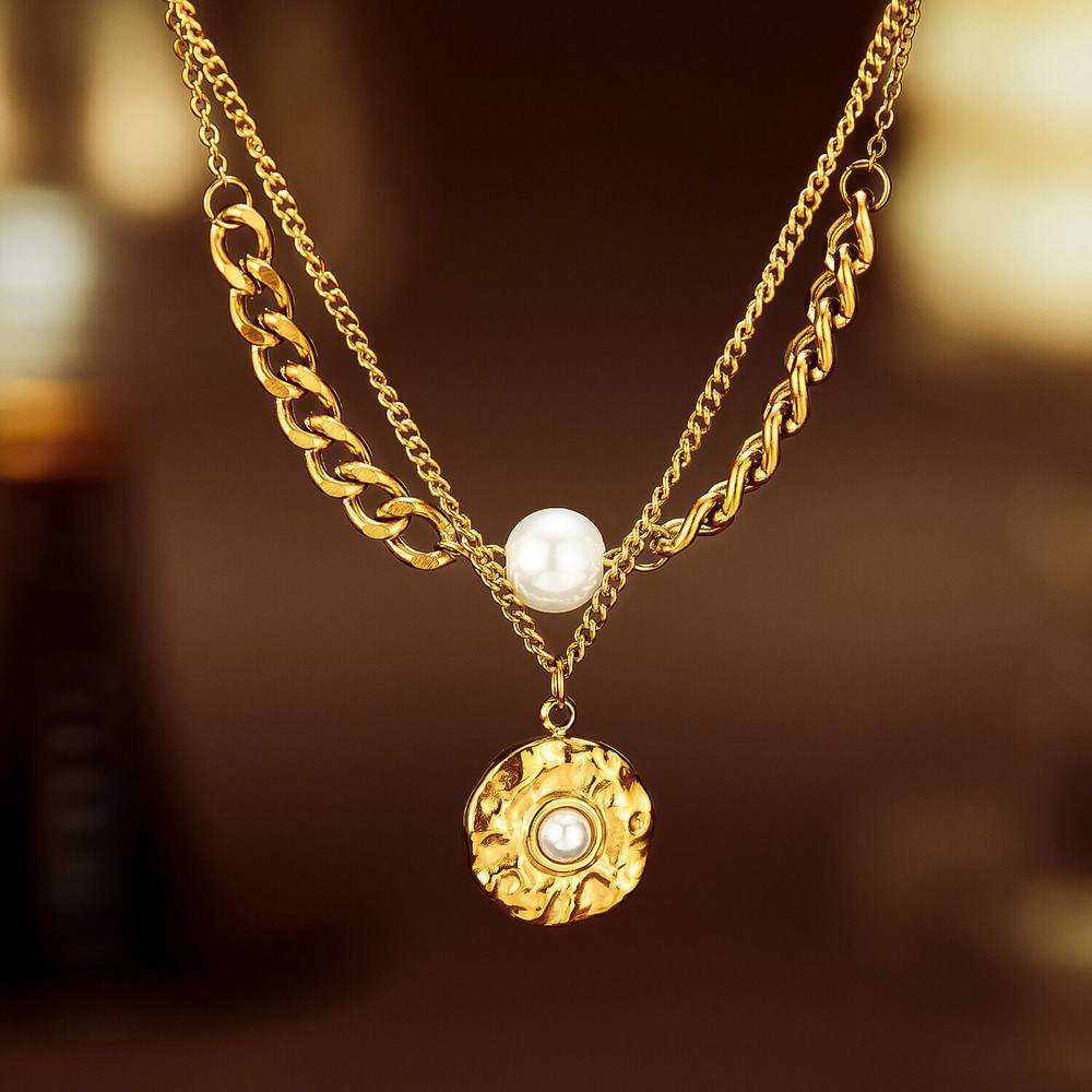 Women Gir Layered Necklace Gold Pearl Pendant Dainty Choker Layering Link Gift