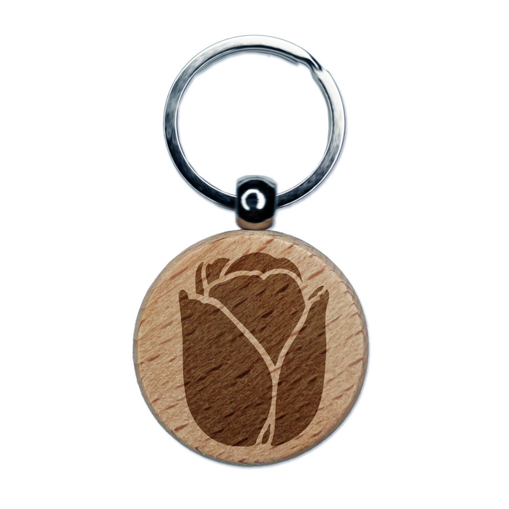 Tulip Engraved Wooden Round Keychain Charm with Floral Design