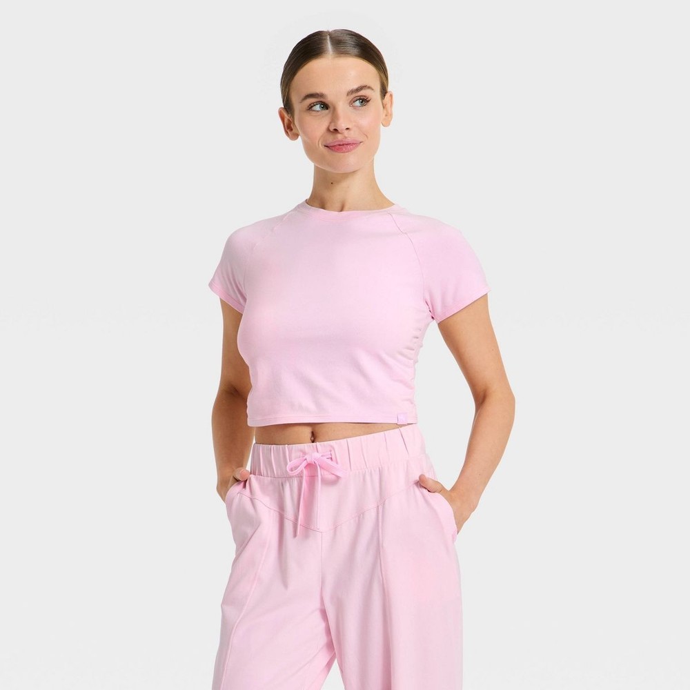 Women's JoyLab Washed Jersey Cropped Short Sleeve Top Light Pink Size XS