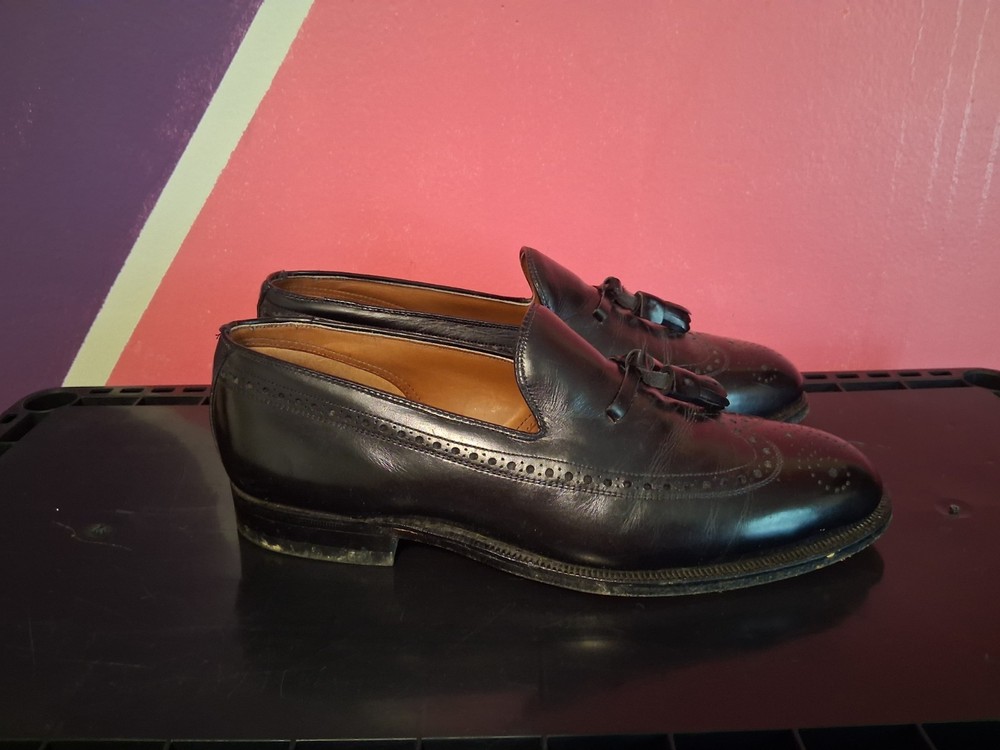 J&M Crown Aristocraft VTG Leather Wingtip Tassle Loafers Black USA Mens Size 8 D