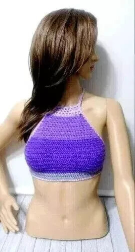 crochet womans handmade boho top summer crop festival XS/S/M purple