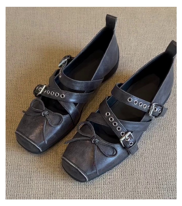 Retro Square Bow Sport Ballet Shoes Cross Buckle Genuine Leather Mary Jane Shoes
