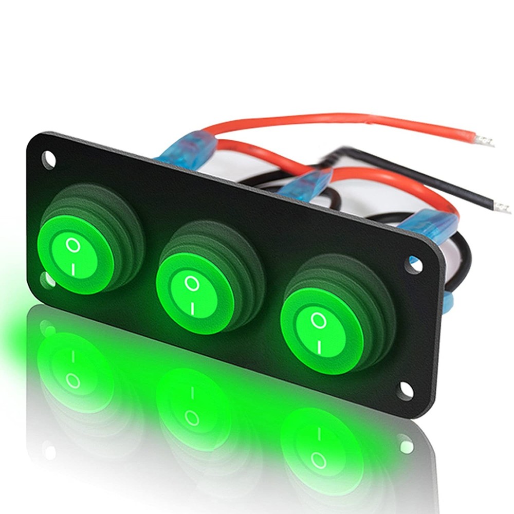 3 Gang Toggle Rocker Switch Panel Green LED Breaker Waterproof Widely Fits fo...