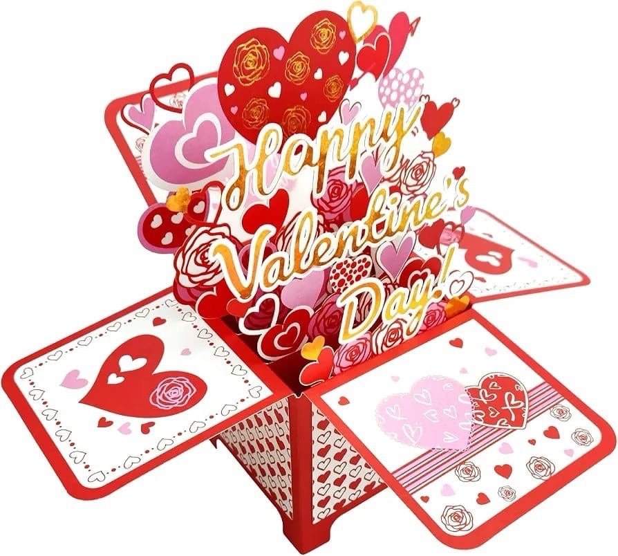 Valentine's Day Pop Up Box Card - 3D Heart & Rose Design, Happy Valentine's Day