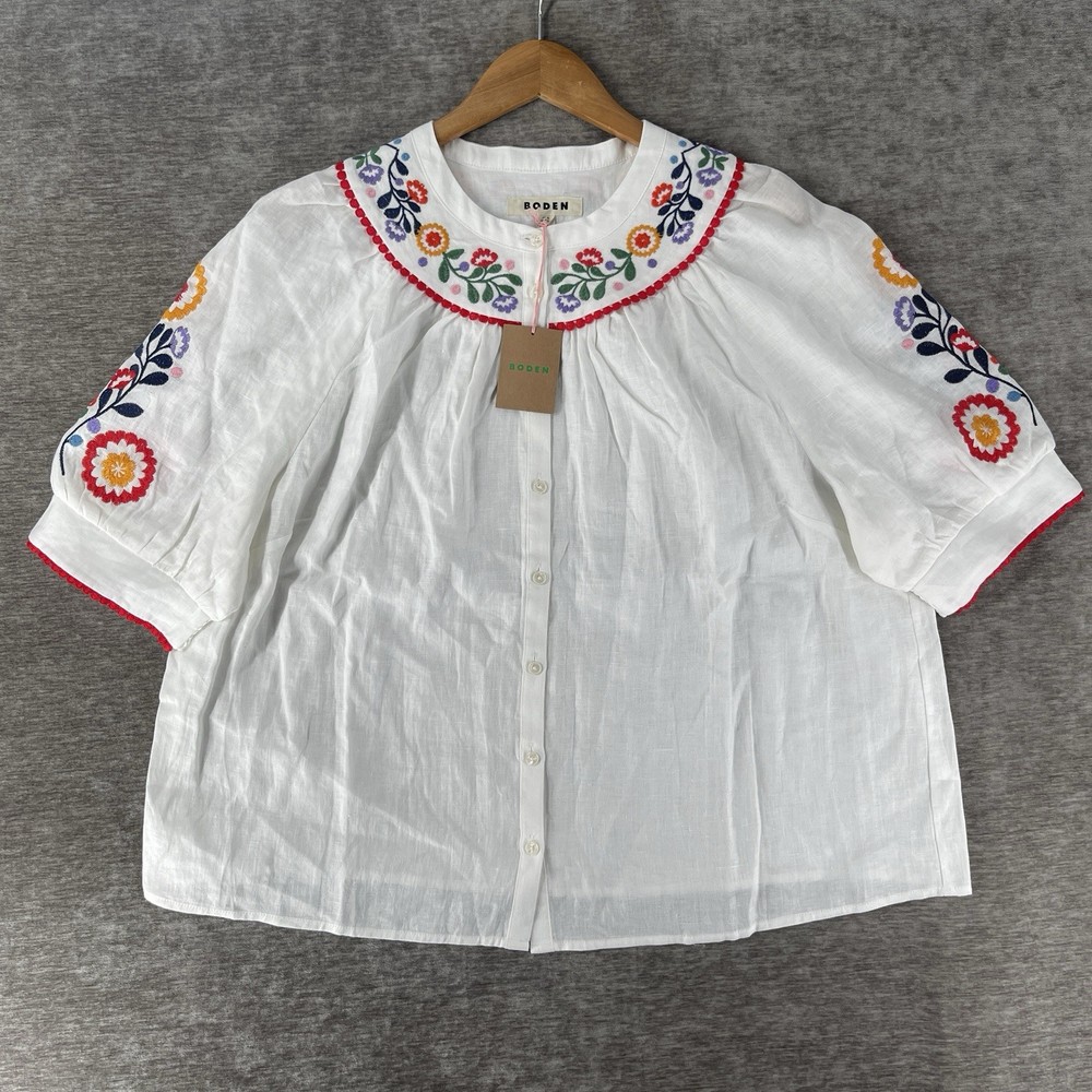 Boden Bea Embroidered Linen Tunic Blouse Button Shirt Women's Size 20-22 NEW