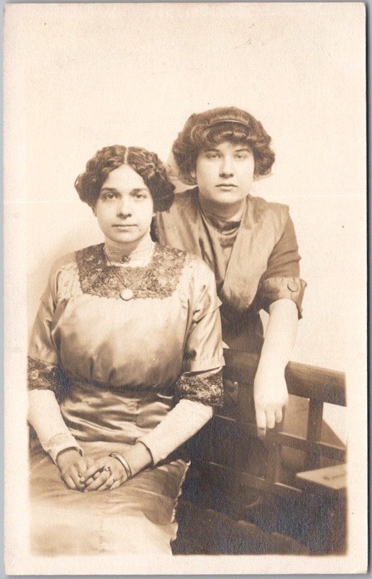 Vintage 1910s STUDIO  Photo RPPC Postcard Two Young Women / Sisters - Fashion
