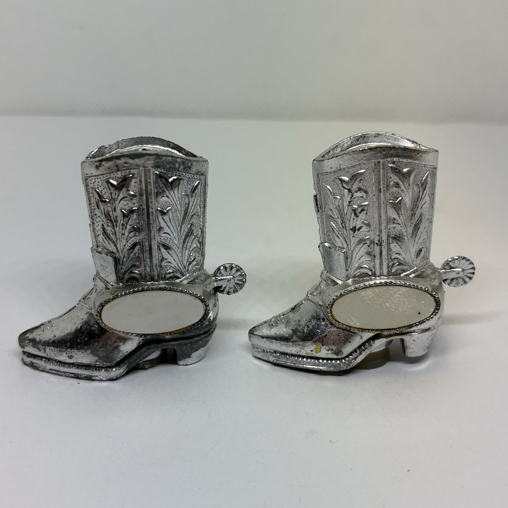 VINTAGE SALT & PEPPER SHAKERS Western Boots Set Silver Shoes