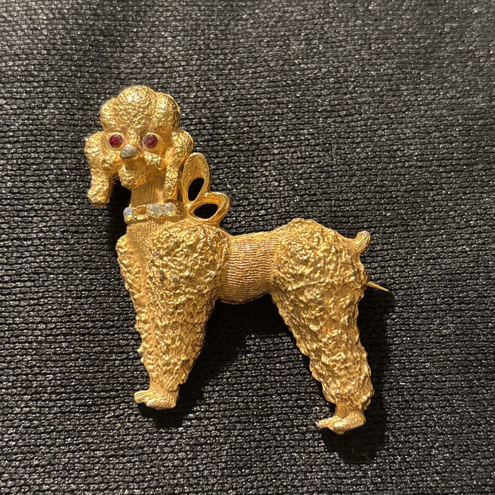 French Poodle Brooch with Red Rhinestone Eyes and Rhinestone Collar