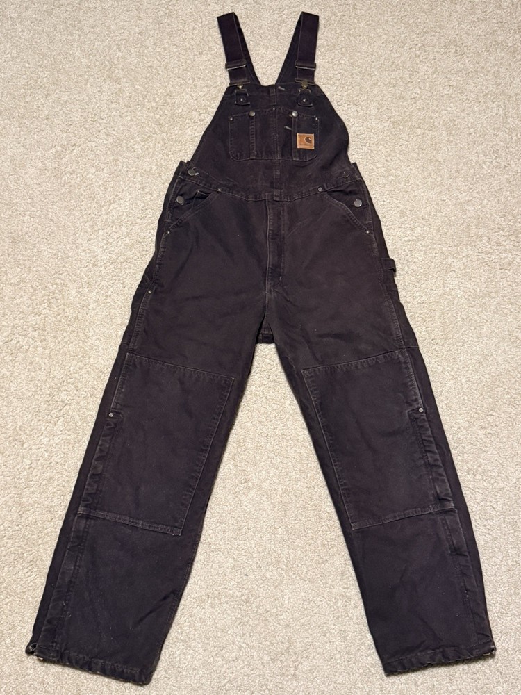 Carhartt Brown Quilt-Lined Bib Overalls Double Knee Dungarees Size 34x32 R27 DKB