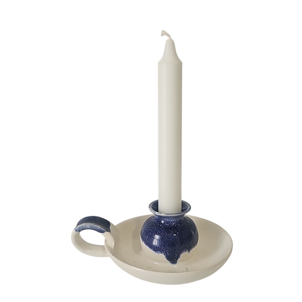 Vintage Pottery Chamberstick Candle Holder Blue Drip Glaze Handmade Stoneware