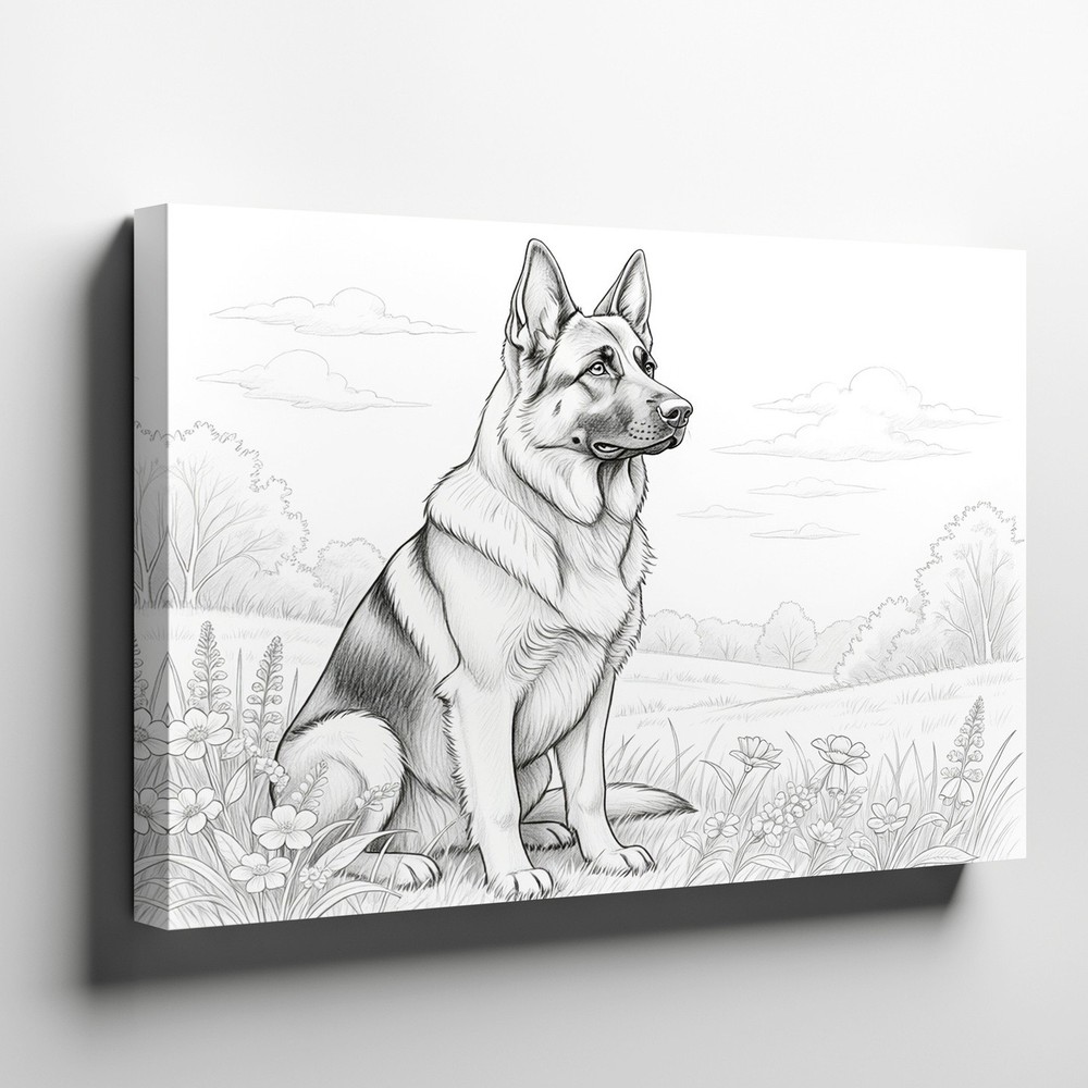 German Shepherd Dog Canvas Wall Art Black and White Sketch Floral Field Print