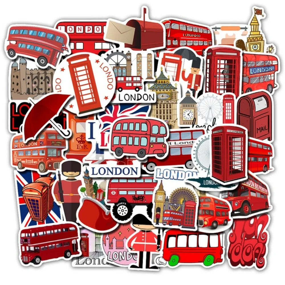 50Pcs/Lot Waterproof London Red Bus Telephone Booth PVC Stickers For Laptop Moto
