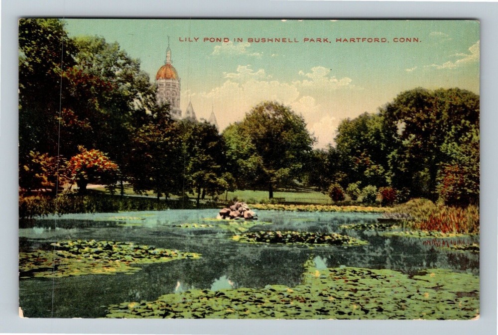 Hartford CT-Connecticut, Bushnell Park, Lily Pond Capitol Dome Vintage Postcard