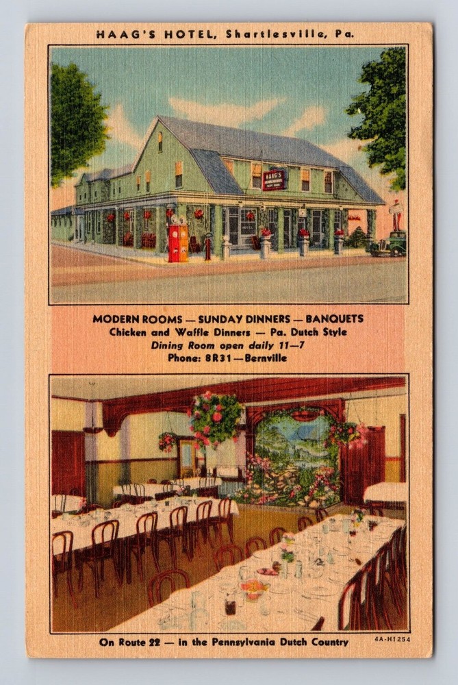 Shartlesville PA-Pennsylvania, Haag's Hotel, Dining, Route 22, Vintage Postcard