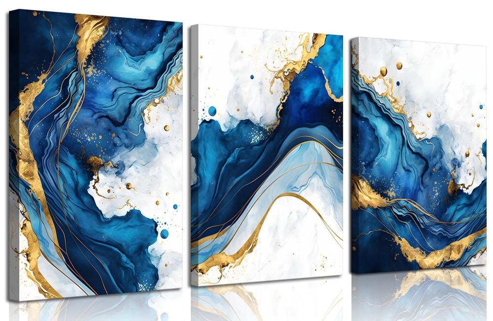3Pcs Blue Gold Abstract Canvas Wall Art Modern White Blue Gold Foil Wall Deco...