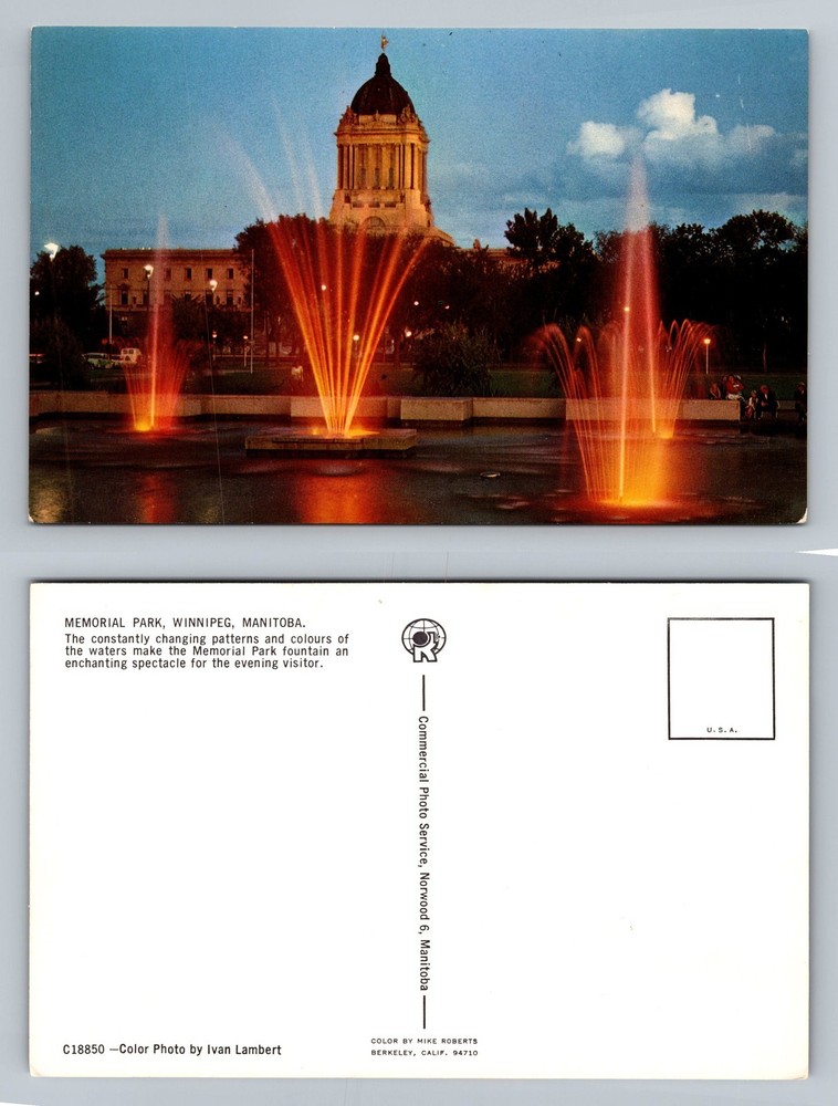 Winnipeg, MB-Manitoba, Memorial Park Fountain Night View Card Vintage Postcard