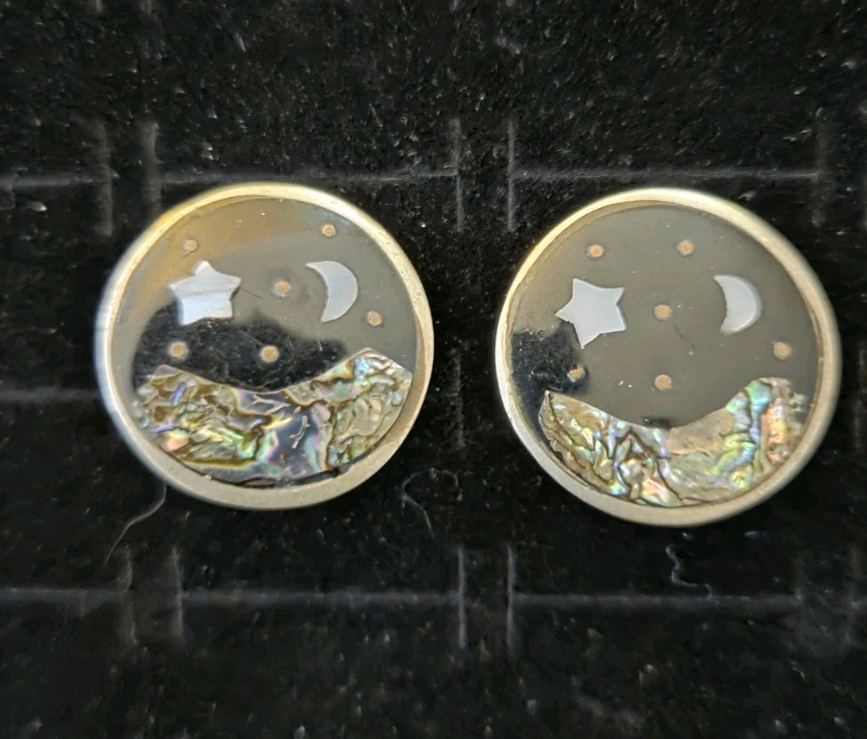 Vintage Alpaca Silver Earrings Abalone Inlay Mexico Moon Star Mountain Clip On