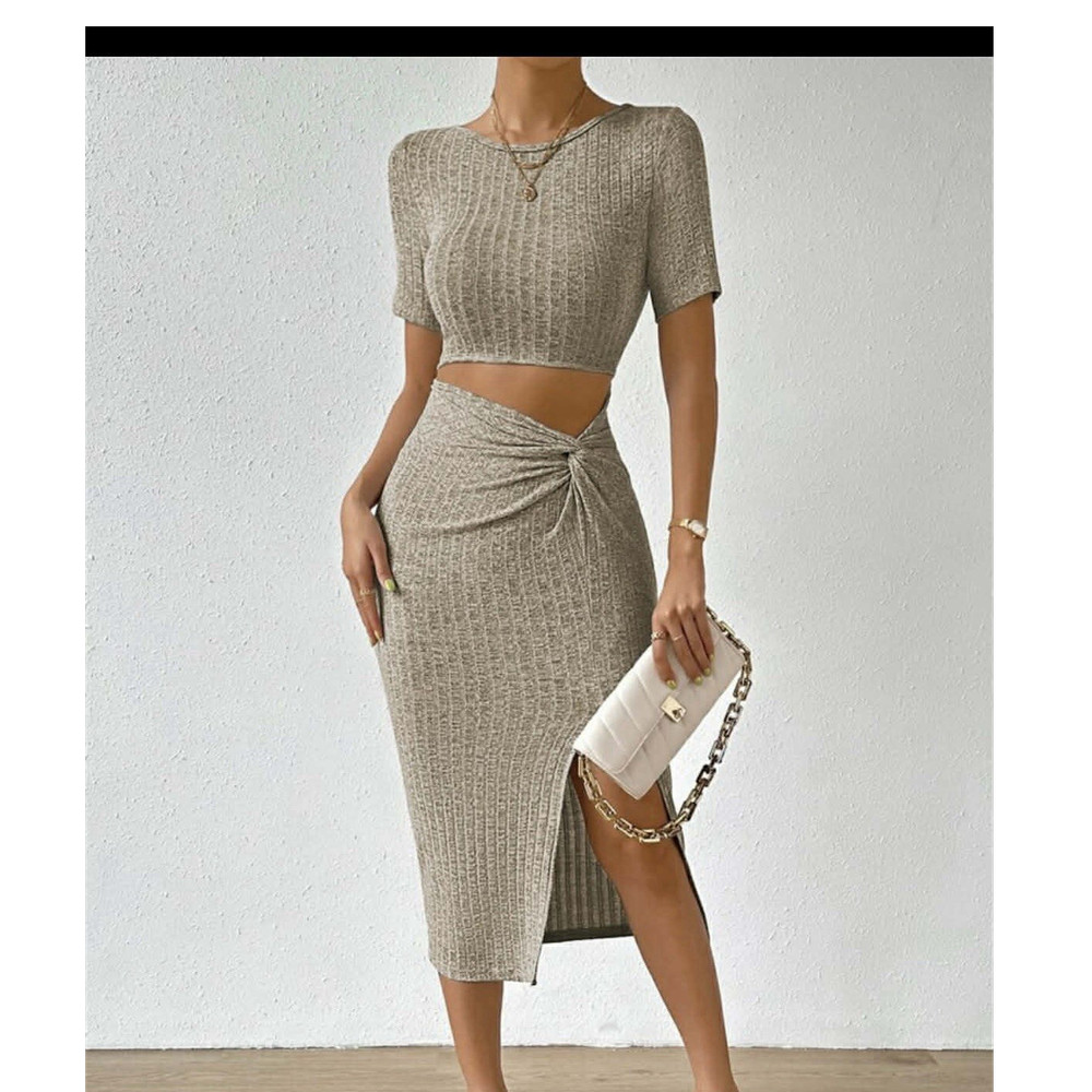 Women's Beige 2-Piece Knit Set S Top & Midi Skirt Short Sleeve Crew Neck xl