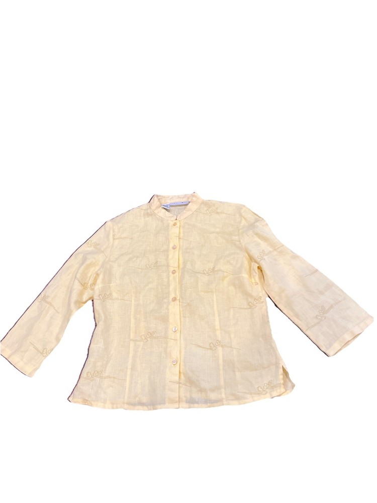 Vtg Carlie's Court 100% Linen Blouse Sz S Creamy Yellow Embroidered 3/4  Sleeve