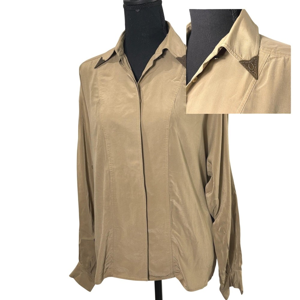 Vtg Silk Western Button Shirt Womens 6 Metal Collar Classic Equestrian Minimal