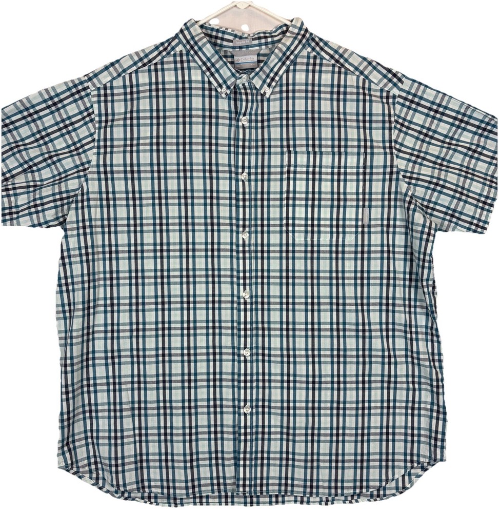 Columbia Sportswear Regular Fit S/S Button Shirt Blue Green Plaid Men’s 2XL