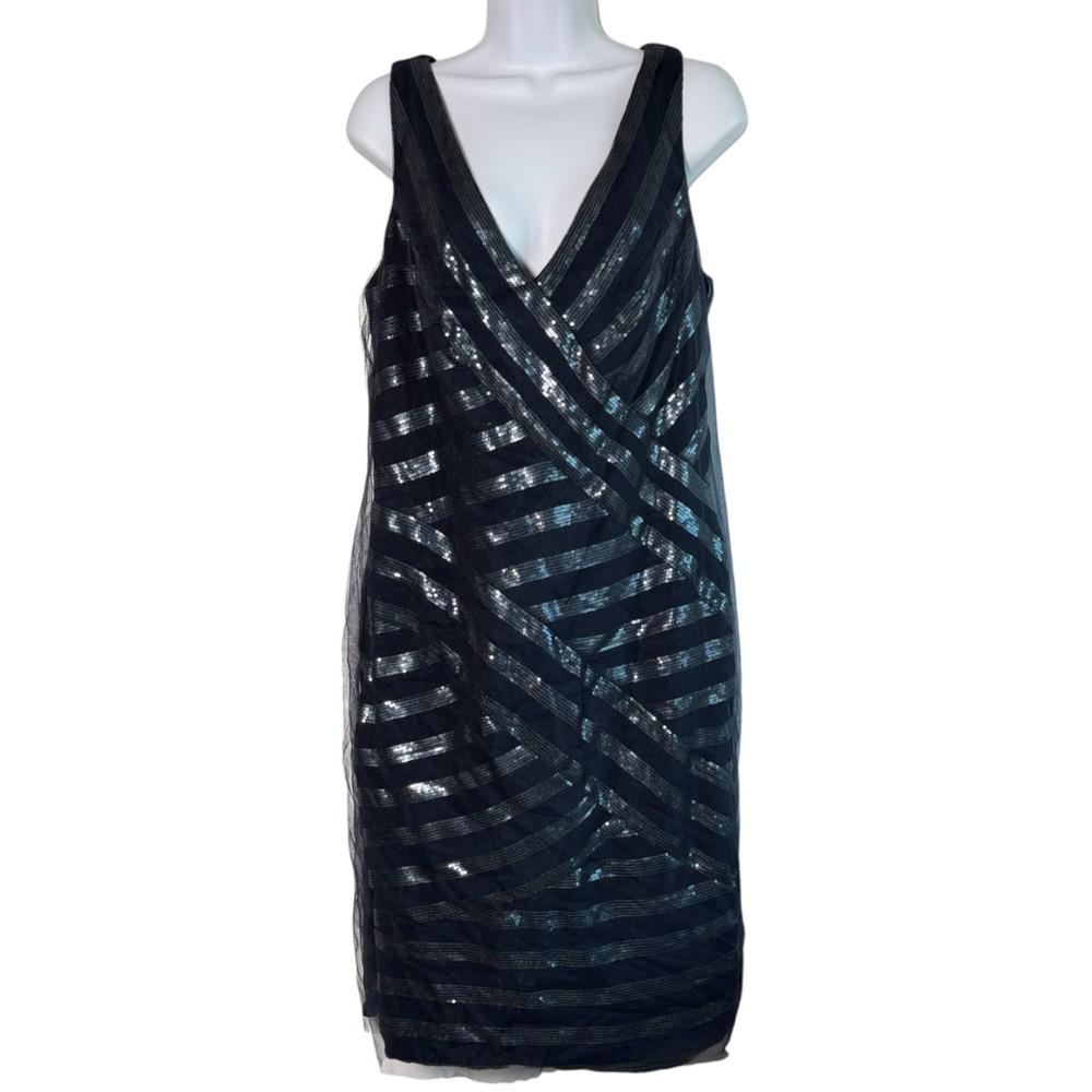 Tadashi Shoji Crisscross Sequin Mesh Overlay Cocktail Dress Blue Size 14 Party