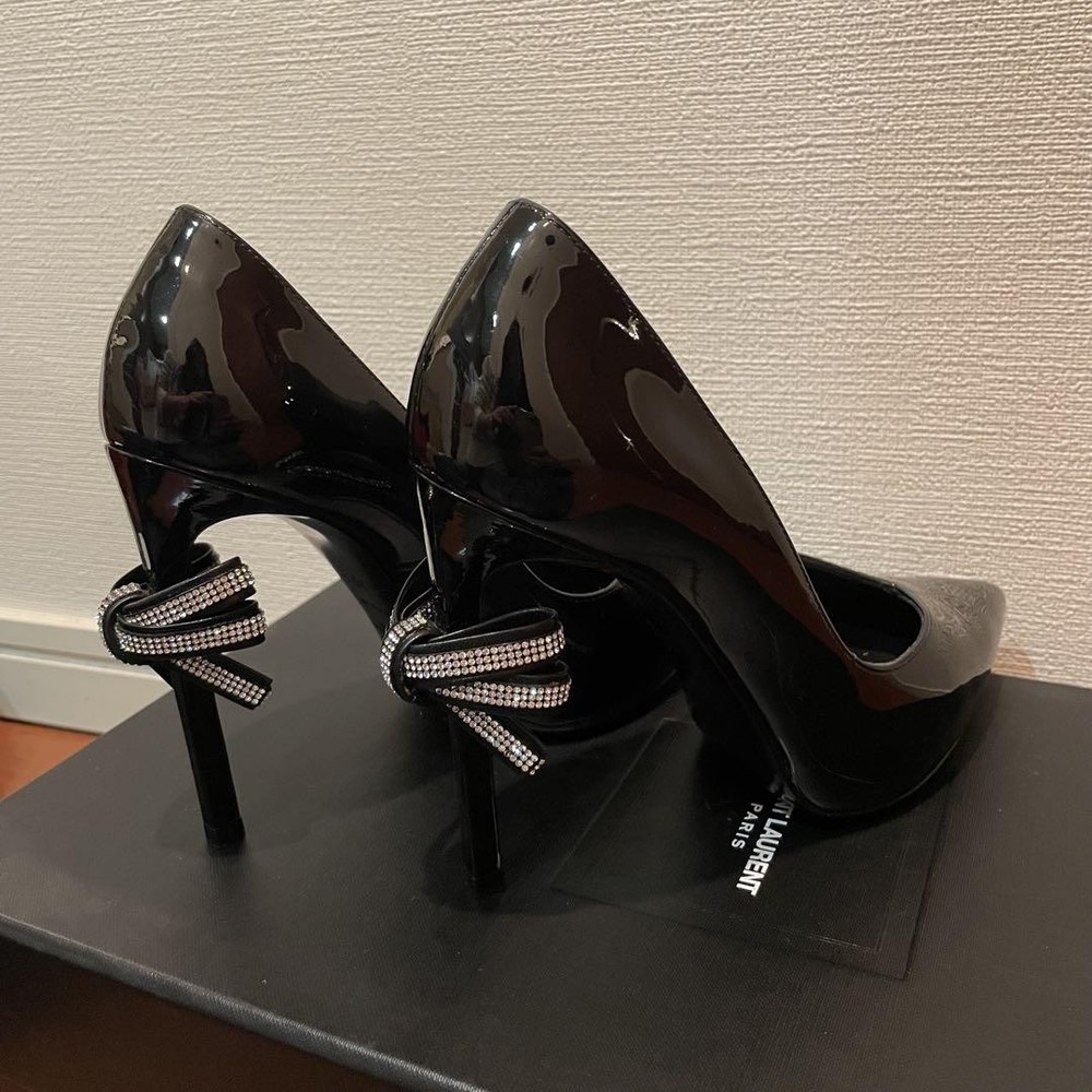 Saint Laurent Black Ribbon Stone High Heel Pumps US6 Authentic From Japan RIN