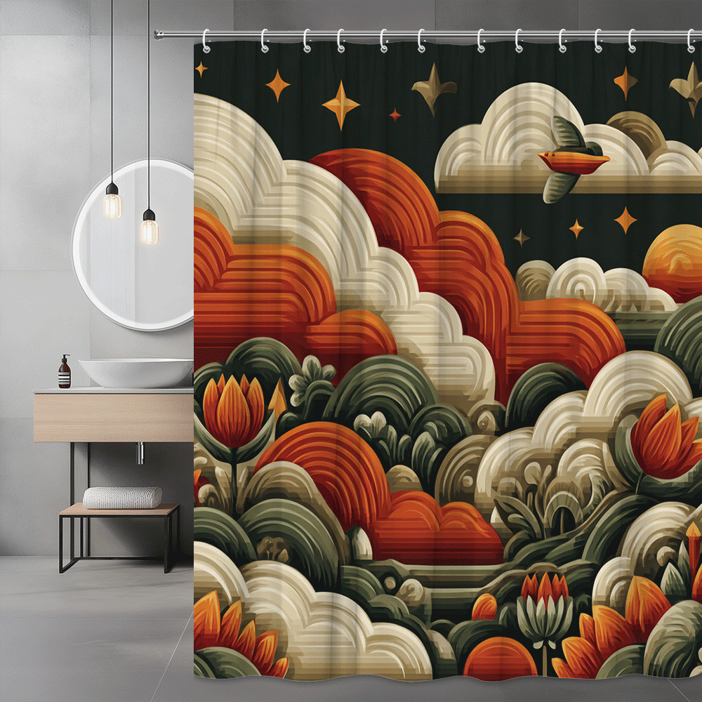 Abstract Floral Clouds Shower Curtain Orange Green Retro Art