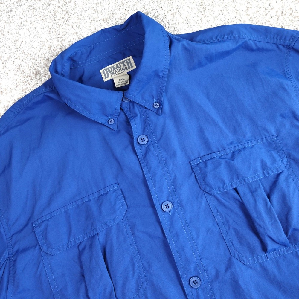 Duluth Trading Co Mens Blue Short Sleeve Button Up Shirt 2XL Nylon Pocket Casual