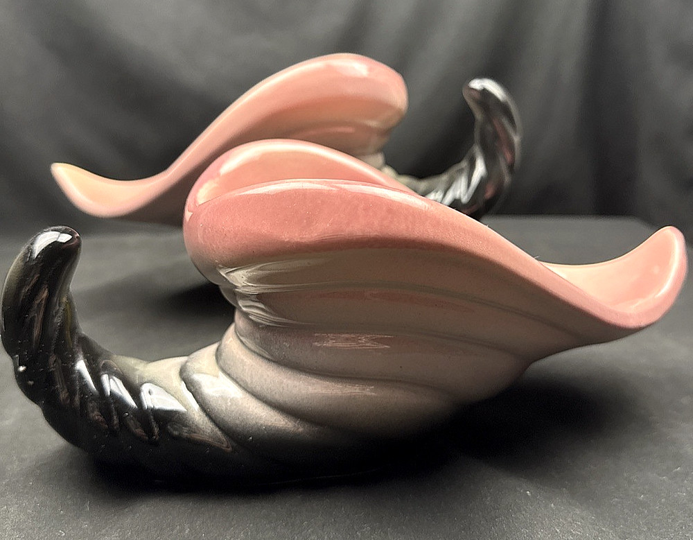 Vintage Hull Pottery Cornucopia Vase Pair Pink Black Mid Century Art Pottery