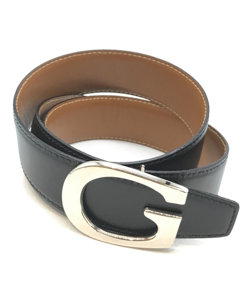 Gucci Black Leather Belt with Gold Buckle Logo Authentic Designer From Japan RIN